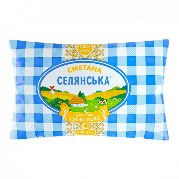 Сметана СЕЛЯНСЬКА 15% жиру, Харчова плівка, 200г